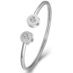 Silver stainless steel open C-ring bangle with Roman numerals and zircon stones