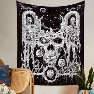 Gothic skull wall tapestry with skeleton and stars for dark aesthetic room decoration