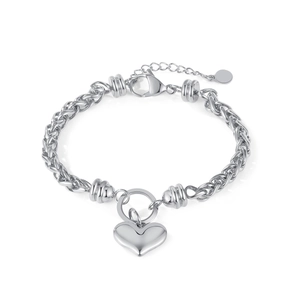 Polished silver heart pendant bracelet with thick wheat chain and adjustable lobster clasp
