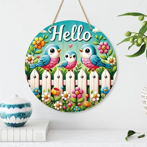 Round Wooden Welcome Door Sign Hello Plaque With Blue Birds And Flowers Farmhouse Wall Hanging Decor For Home Garden