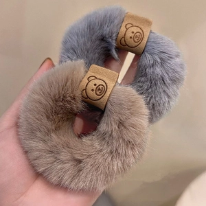 Plush hair scrunchies with cute bear leather tag soft winter hair ties for women and girls