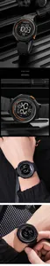 Macro shot of digital sports watch dial with dual time display and 50m water resistance