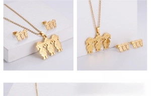 Detailed close-up of golden three-girl pendant necklace and earrings with Love engraving