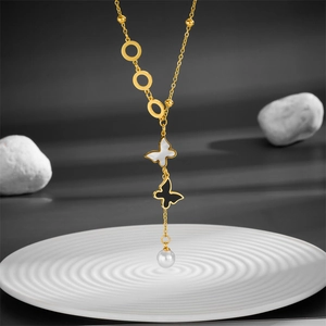 Butterfly Pendant Necklace Titanium Steel With Shell Faux Artificial Pearl Interlocking Circles Elegant Gold Plated Jewelry Women