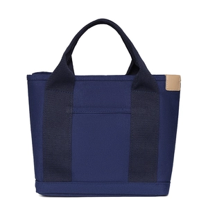 Japanese style dark blue canvas handbag with large capacity and camel leather patch