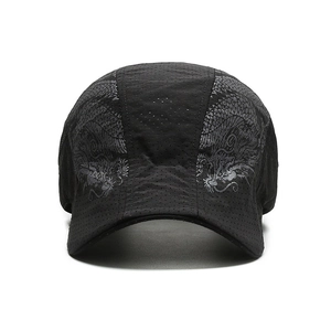 Breathable black quick-dry mesh hat with silver dragon print for outdoor sun protection