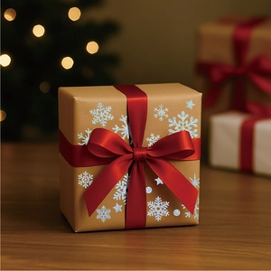 Brown kraft gift box with red ribbon and silver glitter snowflake sticker decorations