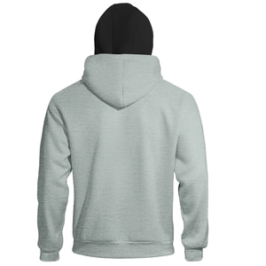 Loose streetwear hoodie in grey with double-layer black contrast hood and full zipper back view