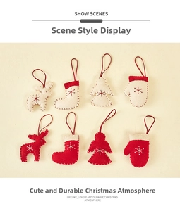 Detail of 8pcs red and white felt Christmas ornaments with elk, socks, and angel embroidery