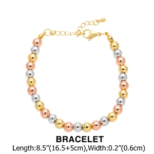 Three-tone hip-hop beaded chain bracelet in gold, silver and rose gold finishes