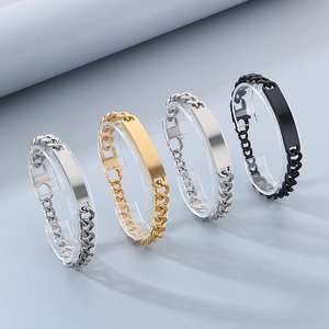 Polished and matte stainless steel ID bracelets in silver, gold, and black finishes