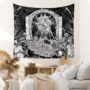 Gothic skull wall tapestry with dark forest and spider web pattern for home room decor