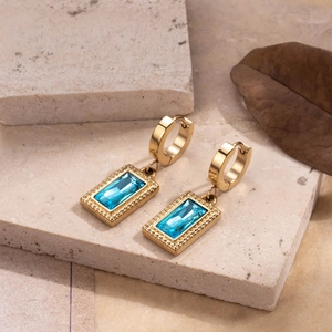 Vintage gold-plated stainless steel hoop earrings with rectangular blue zircon pendants