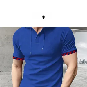 Detail of blue waffle knit hoodie with V-neck drawstring and checkered sleeve cuffs