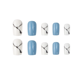 Glossy blue and white marble pattern press-on nail kit with 10 pieces on white background