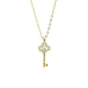 Elegant gold S925 silver key necklace with clover-shaped diamonds on a white background