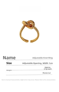 Detailed view of gold plated knot ring showing 1cm width and adjustable size info