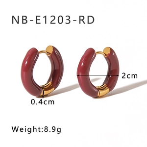 Deep red enamel 18K gold plated stainless steel C-hoop earrings, 2cm size specs