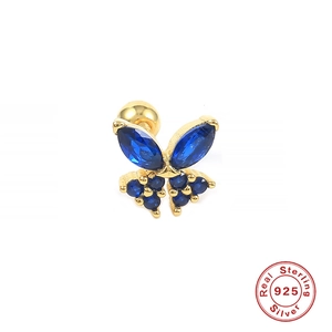 Golden S925 sterling silver butterfly stud earring with sparkling blue gemstone