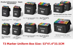 Multiple sets of dual-tip alcohol markers in black carry bags with varied color counts
