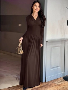 Elegant deep brown V-neck maxi dress with long sleeves and high waist design for women
