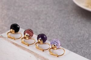 Detail of multi-colored faceted crystal bead earrings with gold stainless steel hooks