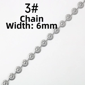 Detail of 6mm stainless steel link chain with decorative hollow flower petal design