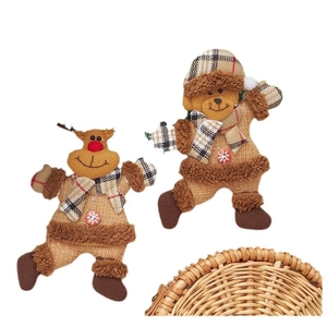 Christmas plush reindeer and bear ornaments set in rustic burlap and plaid fabric