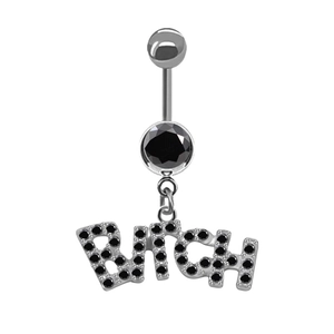 Piercing ombelico argento con pendente in pietre nere che compongono la parola BITCH