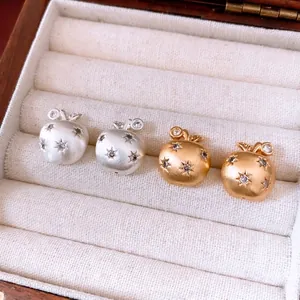 Apple Stud Earrings 18K Gold Plated Brushed Copper With Silver Earring Post Zircon Inlaid Star Pattern For Women