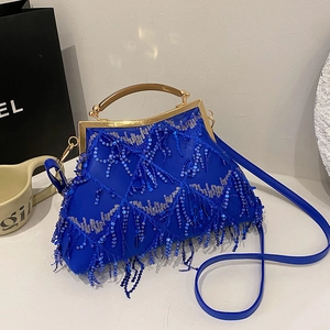 Fashionable royal blue tassel sequin handbag with gold metal handle and shoulder strap