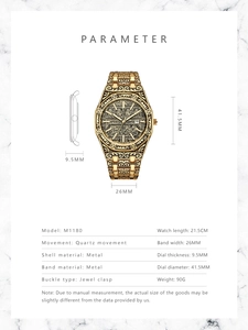 Detailed size specifications for the gold-tone carved metal quartz business watch