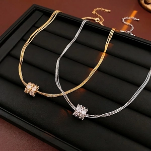 Multi-layer gold and silver plated necklaces with pavé zircon cylinder pendants
