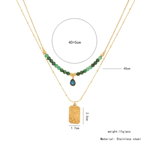 Detailed specs of double-layer stainless steel beaded necklace with blue heart pendant