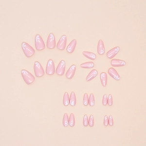 Rosa Mandel-Kunstnägel mit weißen Blumenmustern und Perlglanz-Finish, 30er-Set Nagelset