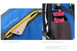 Detail of blue outdoor backpack featuring yellow zippers and functional side mesh pockets