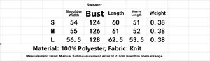 Detailed size chart for V-neck knit sweater showing measurements and fabric composition