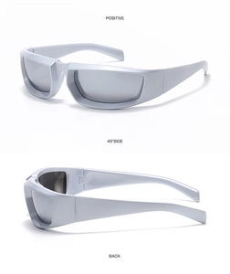 Three-angle product view of silver cyberpunk sports sunglasses with matte frames