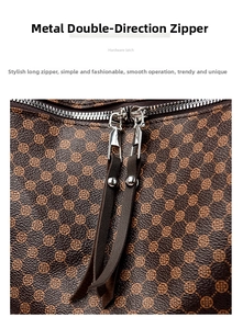 Detail of vintage patterned backpack featuring silver metal dual zippers and leather pulls
