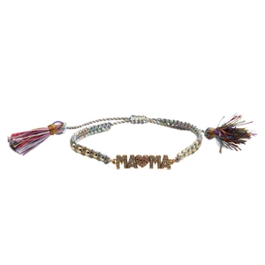 Adjustable woven rope bracelet featuring a crystal-inlaid MAMA heart charm and tassels