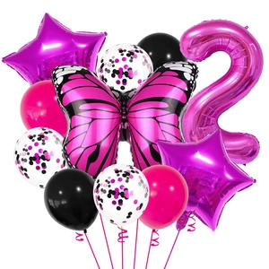 Magenta butterfly and number 2 balloon set with star foils and colorful latex balloons