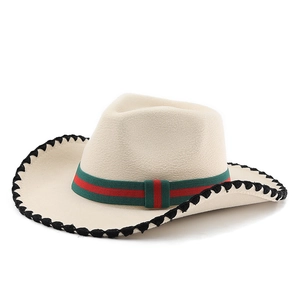 Classic cream western cowboy hat with red-green striped band and black braided edge detail