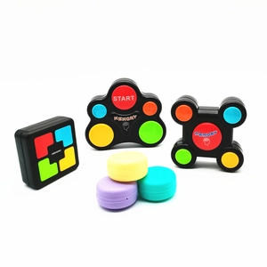 Three handheld electronic memory games with colorful buttons for concentration training
