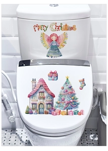 Christmas toilet sticker scene with angel, house, tree and Merry Christmas text