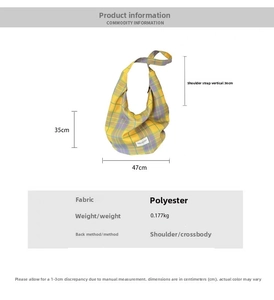 Size specifications of the plaid shoulder bag including dimensions and strap height