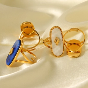 18K gold plated stainless steel open ring with oval natural stones on beige silk