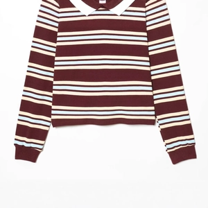 Striped long sleeve Polo shirt in burgundy, cream and light blue with a white collar