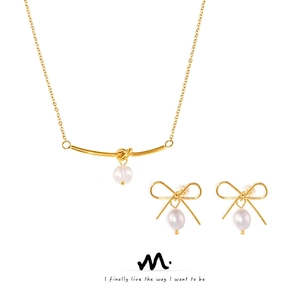 French Elegant Bow Stud Earrings And Freshwater Pearl Rope Knot Necklace Jewelry Set Stainless Steel Gold Women Jewelry