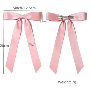 Pink satin ribbon double bow hair clip with long streamers and metal alligator clip