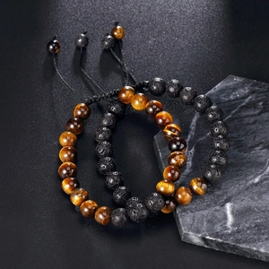 Adjustable 8mm tiger eye and volcanic stone beaded bracelets set for couples